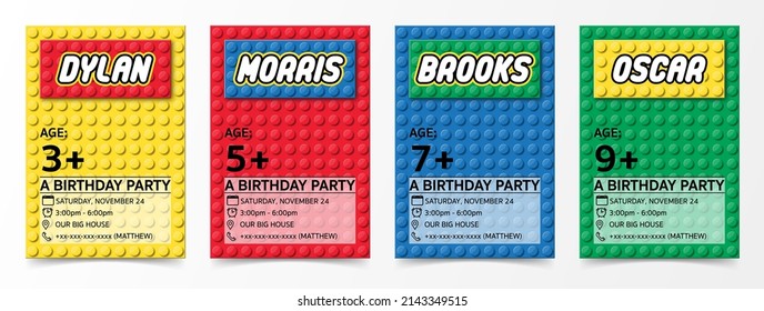 Birthday anniversary greeting cards and kids party invitation templates with brick block toys like Lego for children. vector illustration