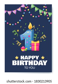 Birthday anniversary number candle. Cheerful celebration gift card with burn candle for cake, birthday number one, holiday decoration. Candle in form of number box with gift for birthday poster vector