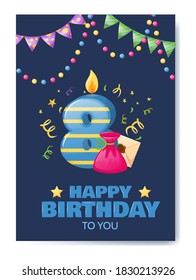 Birthday anniversary number candle. Cheerful celebration gift card with burn candle for cake, birthday number eight, holiday decoration. Candle in form of number box with gift for birthday  vector