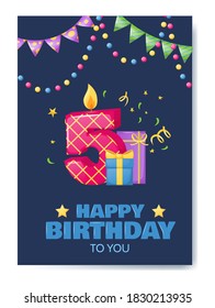 Birthday anniversary number candle. Cheerful celebration gift card with burn candle for cake, birthday number five, holiday decoration. Candle in form of number box with gift for birthday  vector