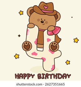 Birthday Anniversary Numbers 4 Four with Teddy Bear Cowgirl and Cow high Print Pattern. Cute Animals and Birthday Party Invitation Card Template Groovy Style. Kawaii Cartoon