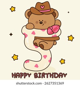 Birthday Anniversary Numbers 5 Five with Teddy Bear Cowgirl and Cow high Print Pattern. Cute Animals and Birthday Party Invitation Card Template Groovy Style. Kawaii Cartoon