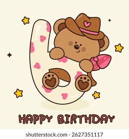 Birthday Anniversary Numbers 6 Six with Teddy Bear Cowgirl and Cow high Print Pattern. Cute Animals and Birthday Party Invitation Card Template Groovy Style. Kawaii Cartoon