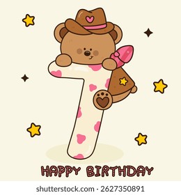Birthday Anniversary Numbers 7 Seven with Teddy Bear Cowgirl and Cow high Print Pattern. Cute Animals and Birthday Party Invitation Card Template Groovy Style. Kawaii Cartoon