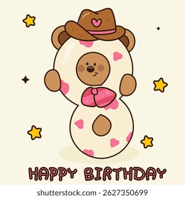 Birthday Anniversary Numbers 8 Eight with Teddy Bear Cowgirl and Cow high Print Pattern. Cute Animals and Birthday Party Invitation Card Template Groovy Style. Kawaii Cartoon