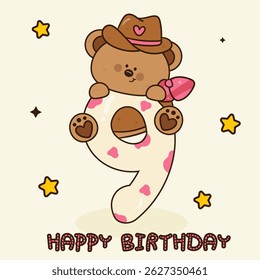 Birthday Anniversary Numbers 9 Nine with Teddy Bear Cowgirl and Cow high Print Pattern. Cute Animals and Birthday Party Invitation Card Template Groovy Style. Kawaii Cartoon