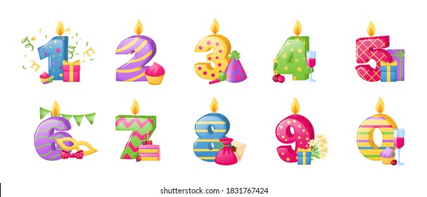 Birthday anniversary numbers candle. Cheerful gift card with numbers and holiday elements, invitation card template. Candles in form of numbers for birthday, anniversary, jubilee cartoon vector