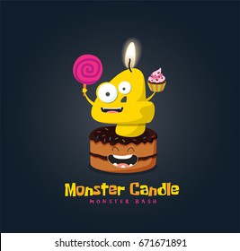 Birthday Anniversary Numbers Candle with Funny Monster Character & Birthday Party Invitation Card