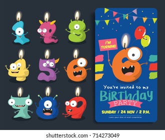 Birthday Anniversary Numbers Candle With Funny Monster Character & Birthday Party Invitation Card Template