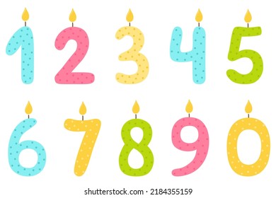 Birthday Anniversary Numbers Candle. Set of isolated burning number shaped candles for celebration. Colored vector numbers for kids. Set of 0-9 bright digit baby icons.