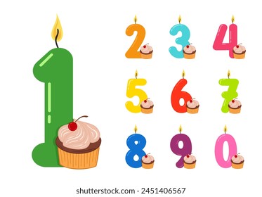 Birthday anniversary numbers candle with sweet cupcake. Celebration cake candles, burning lights. Birthday year or numbers, party candle vector set. Colorful flat vector illustration isolated on white