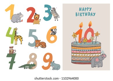 Birthday Anniversary Numbers with Cute African Animals and birthday postcard vector doodle hand drawn cute set