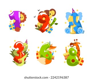 Birthday Anniversary Numbers with Cute Animals Vector Set