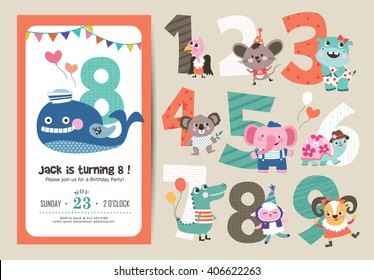 Birthday Anniversary Numbers with Cute Animals & Birthday Party Invitation Card Template