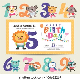 Birthday Anniversary Numbers with Cute Animals & Birthday Party Invitation Card Template