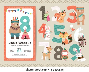 Birthday Anniversary Numbers with Cute Animals & Birthday Party Invitation Card Template