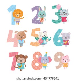 Birthday Anniversary Numbers With Cute Animals Character. Funny Lion, Rabbit, Cat, Dog, Mouse, Monkey, Elephant And Pig. For Baby Birthday, Party, Invitation. 