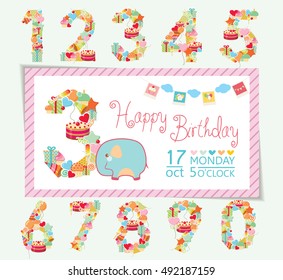 Birthday Anniversary Numbers with Cute Animals & Birthday Party Invitation Card Template