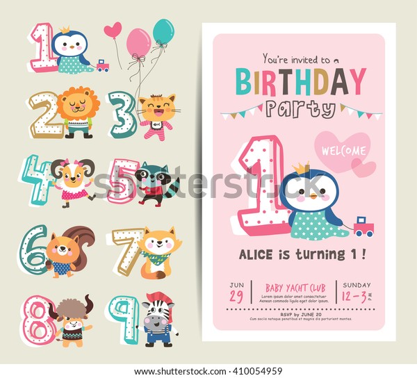 Birthday Anniversary Numbers\
with Cute Animals & Birthday Party Invitation Card\
Template