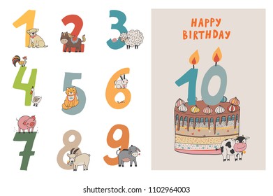 Birthday Anniversary Numbers with Cute Farm Animals and birthday postcard vector doodle hand drawn cute set
