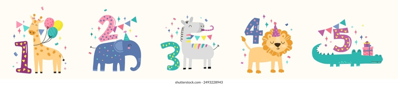 Birthday Anniversary Numbers with Cute Safari Animals, hand drawn illustrations