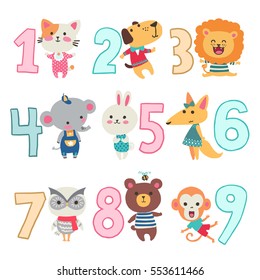 Birthday anniversary numbers with funny animals character for card kids, party, invitation. Vector illustration