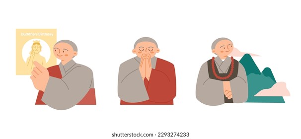 Buddha’s Birthday. Anniversary poster, praying monk, mountain background.