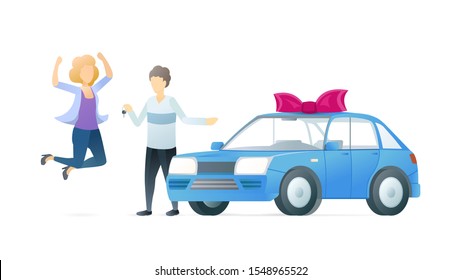 Birthday, anniversary present flat vector illustration. Husband holding keys and excited wife cartoon characters. Couple celebrating new automobile purchase. Expensive surprise gift, personal auto.
