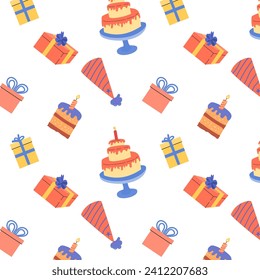 birthday anniversary seamless background with cake and box, birthday hats. Vector illustration isolated. 