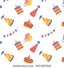 birthday anniversary seamless background with birthday hat and cakes. Vector illustration