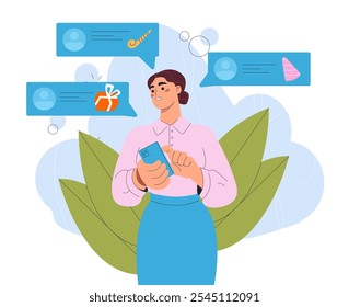 Birthday announcement concept. Woman with smartphone chooses gifts and decorations for party. Event manager with social networks messages. Flat vector illustration isolated on white background
