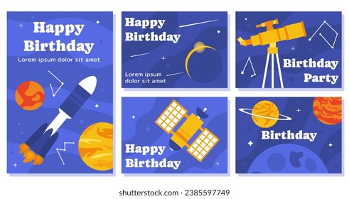 Birthday astrology posters set. Galaxy and universe. Holiday and festival, annual event. Flyer and booklet. Rocket and satellite. Cartoon flat vector collection isolated on white background