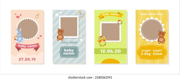 Birthday baby post frame. Toddlers name and photo border. Kids card with blank shape. Announcement of celebration. Birth date. Newborn child postcards set. Vector background template