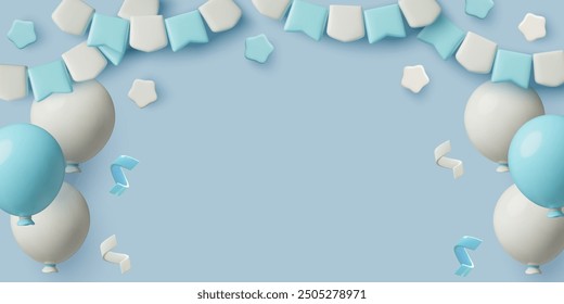 Birthday or baby shower 3D vector blue background with balloons, party bunting flags and confetti. Cute pastel three dimensional banner design.