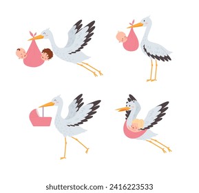 Birthday and baby shower images set of cute stork with baby, flat vector illustration isolated on white background. Birthday and baby shower invitations element.