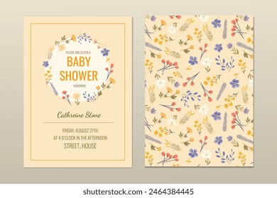 Birthday and baby shower invitation with floral and typographic design elements. Celebration, congratulations, menu, card, thanksgiving templates with trendy flowers seamless pattern