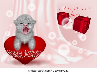 birthday backgroun with funny cat and hearts