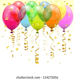 Birthday Background with 3D Transparent Birthday Balloons and Streamer, easy change color. Vector illustration