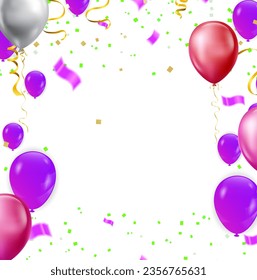 Birthday background with balloons, confetti and ribbons. Vector illustration.