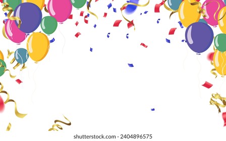 Birthday background with balloons, confetti and ribbons. Vector illustration.