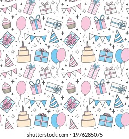 Birthday background with balloons and gifts, design element. Vector illustration.