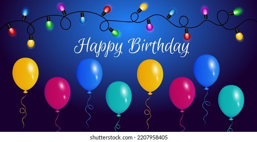 Birthday background with balloons and light bulbs.