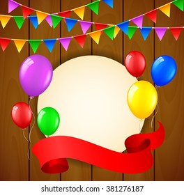 Birthday background with balloons and place for text on wooden background