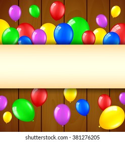 Birthday background with balloons and place for text on wooden background
