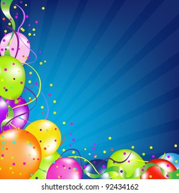 Birthday Background With Balloons And Sunburst, Vector Illustration