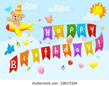 Birthday background with bear on plane