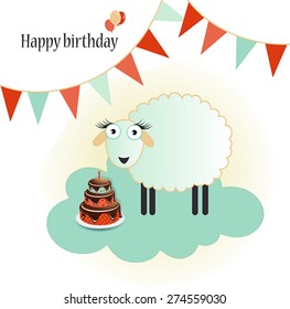 Birthday background with birthday cake, colored balloon, silly sheep and  colored garland isolated on white for your greeting card