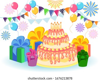 Birthday background with birthday cake and gift boxes, colorful balloon