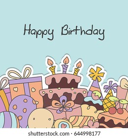 Birthday background with cake and birthday party elements.