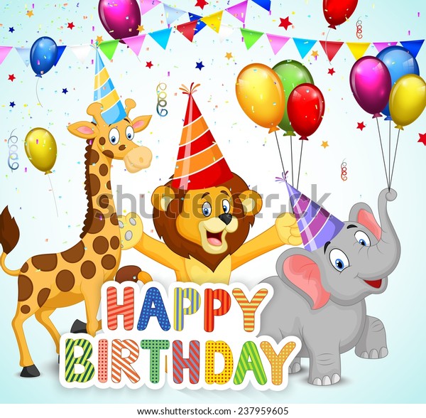 Birthday Background Cartoon Lion Giraffe Elephant Stock Vector (Royalty ...